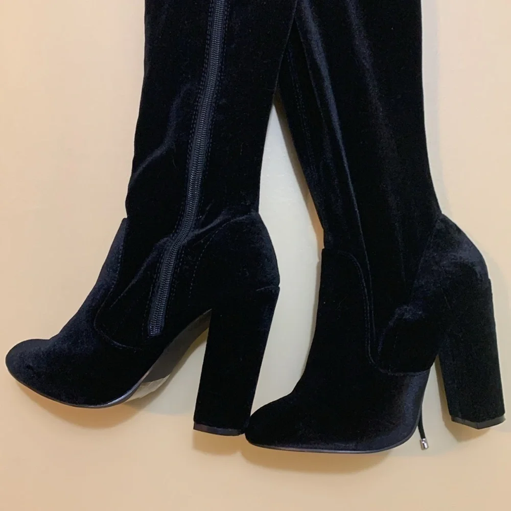 JustFab Thigh High Black Leona Lace Up Zipper Velvet Heeled Boots 5.5 US / 36 EU
